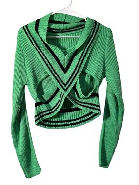 Women’s Size XL V-Neck Cut Out Sweater Green Black Stripes Ribbed Long Sleeve